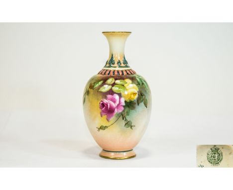 Royal Worcester Hand Painted Small Vase ' Roses ' Stillife, Date 1909 & Shape 286. Unsigned, 4.5 Inches High. 