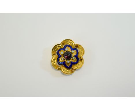 Victorian - High Quality 15ct Gold and Enamel Set Floral Shaped Pendant Brooch, The Central Cabouchon Cut Garnet Surrounded b