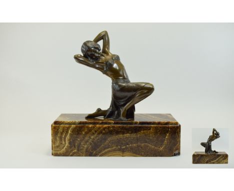 Art Deco - Continental School Nice Quality Bronze Figure of a Semi-Naked Female Dancer. c.1930's, Raised on a Rectangular Sha