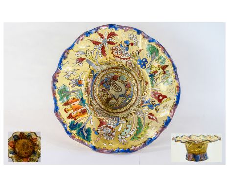 French 19th Century - Brightly Painted and Enamel Coronet Shaped Glass Bowl, Decorated with Images of Castles, Riders on Hors