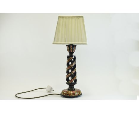 A Nice Quality and Impressive Vintage Handmade Paper Mache Table Lamp. c.1920's. Decorated with Images of Bright Coloured Flo