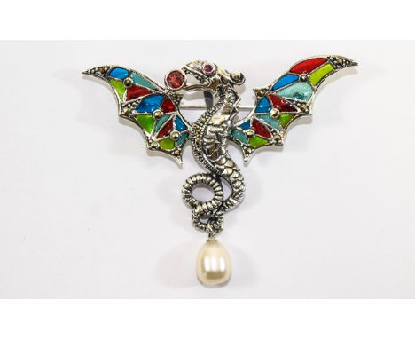 Silver Enamel Dragon Brooch with pearl drop. Unusual statement brooch with sinuous dragon design and multi colour enamel wing