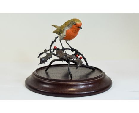 Coalport Hand Painted Ceramic and Metal Bird Figure ' Robin ' Perched on a Holly Branch, Raised on a Circular Base, Marked Co