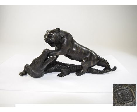 A Quality Japanese Early 20th Century Signed Bronze Sculpture of a Tiger Attacking an Alligator. Signed to Underside. Size - 