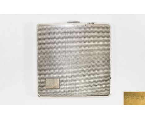 Modern Silver Hallmarked Cigarette Case, Engine Turned Case, Gilt Interior, 3¼ Inch Square, Approx 120 Grams