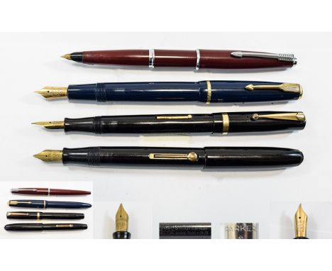 A Very Good Collection of Vintage Fountain Pens ( 4 ) Pens In Total. Comprises 1/ Parker Fountain Pen, 14ct Gold Nib, No.35. 