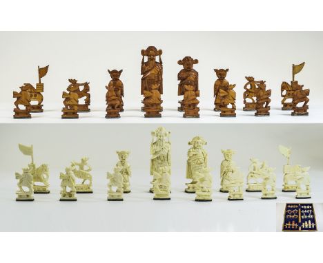 Chinese - Finely Carved Ivory Chess Set. c.1920's / 1930's. Comes Complete with Box - Please See Photos. Excellent Condition 