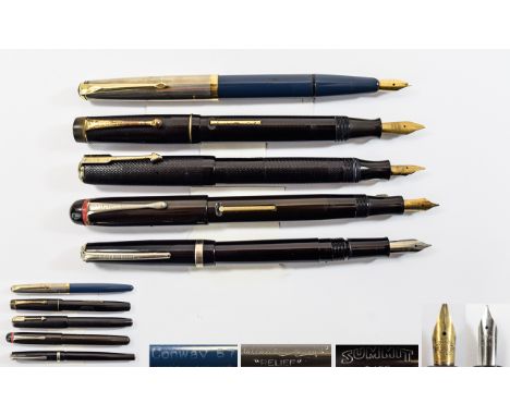 A Good Collection of Vintage Fountain Pens ( 5 ) In Total. Comprises 1/ Parker - Early Fountain Pen, Black Rubber Hard Case, 