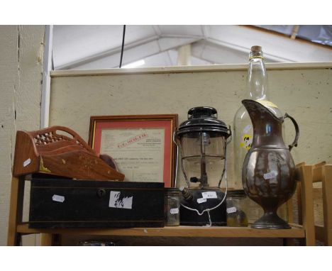 Mixed lot to include paraffin lamp, letter rack, glass wares etc