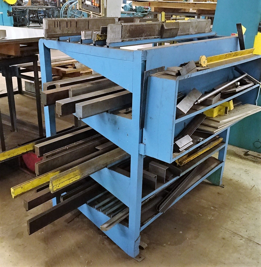 PRESS BRAKE DIE RACK WITH ASSOCIATED PRESS BRAKE DIES, PLEASE SEE PHOTOS