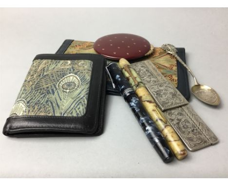 TWO PENS WITH GOLD INLAY, marked as warranted 14 carat, along with a collection of collectables including two Liberty's purse