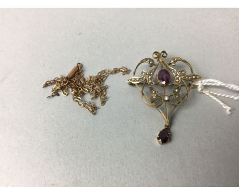 NINE CARAT GOLD DROP PENDANT, set with amethyst and seed pearls
