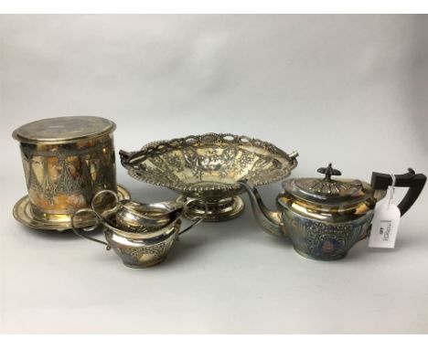 EARLY 20TH CENTURY SILVER PLATED BISCUIT BARREL, along with a tea service, cake basket and circular salver