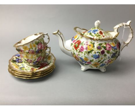 HAMMERSLEY TEA SERVICE, with colourful floral decoration, pattern 13166, comprising nine trios, cream, sugar and teapot