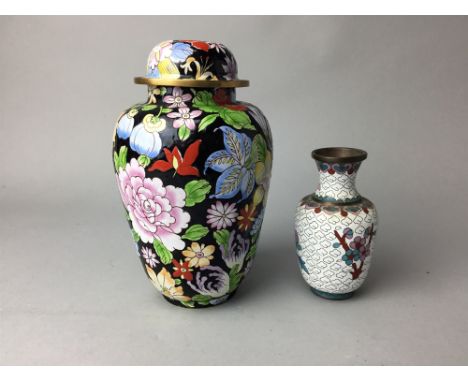 ENAMEL JAR AND COVER, also a small cloisonne vase (2)