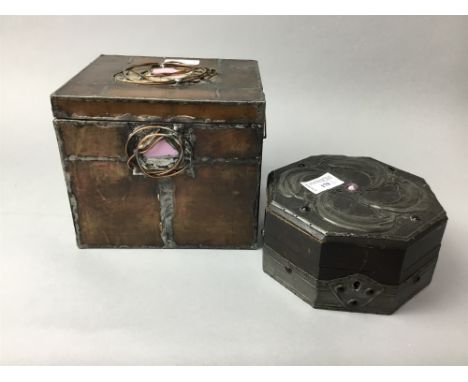 OCTAGONAL WOODEN TRINKET BOX, the hinged cover decorated with Glasgow School embossed pewter and ‘jewelled’ mounts also a tri