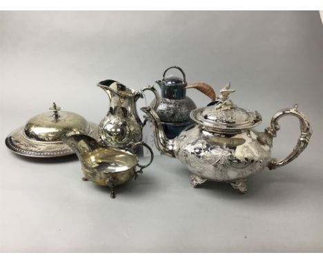 GROUP OF SILVER PLATED ITEMS, including a three piece tea service, a teapot, milk can, serving dishes etc