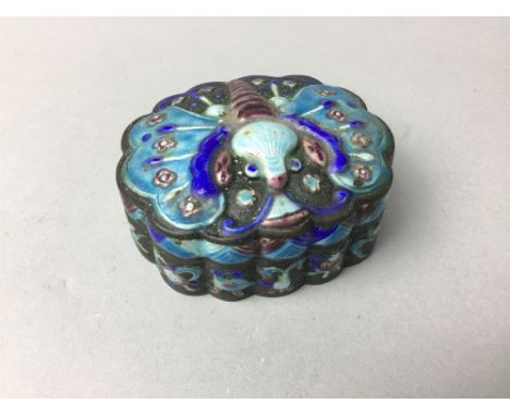 CHINESE WHITE METAL AND ENAMEL TRINKET BOX with blue enamel decoration