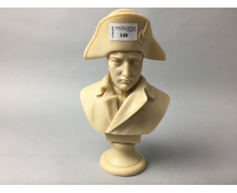 RESIN BUST OF NAPOLEON, along with three ceramic military figures and a Wedgwood ‘Napoleon’ pattern plate (5)