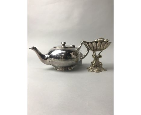 SILVER PLATED FOUR PIECE TEA SERVICE, along with an oval tray, toastrack and stemmed bonbon dish