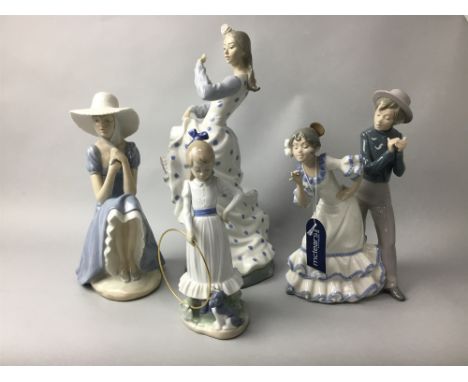 GROUP OF NAO FIGURES, including a figure of a woman dancing, a figure group of two dancers, a girl with a hoop, etc (7)