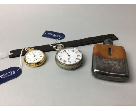 TRAVELLING TIMEPIECE, along with a plated hip flask, a small leather tawse, etc