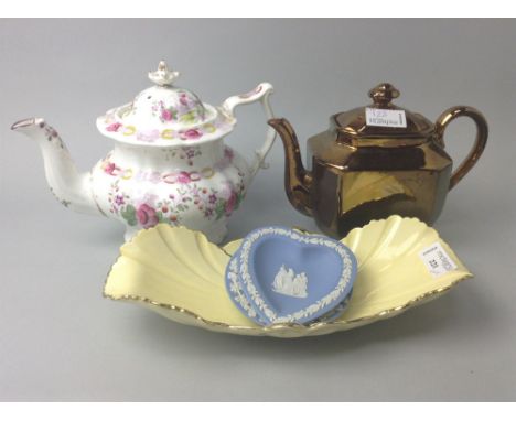 COLLECTION OF WEDGWOOD JASPERWARE, along with Crown Devon tea ware, a Carlton Ware dish and two Victorian tea pots