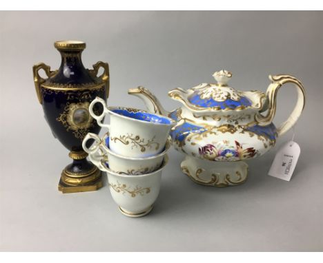 MID 19TH CENTURY TEA SERVICE IN THE STYLE OF ROCKINGHAM, along with a pair of Coalport urn shaped vases