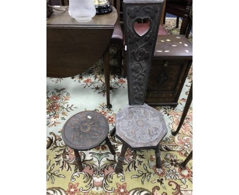 OAK SPINNING CHAIR, BRASS LADLE AND A PRINT