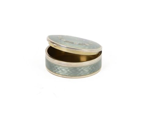 Early 20th century silver and guilloche enamel trinket box, of circular form, decorated throughout with pale green guilloche 