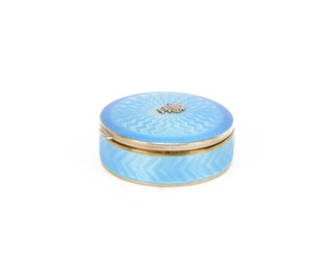 1920s Austrian silver and enamel trinket box, of circular form, decorated throughout in blue guilloche enamel, with applied u