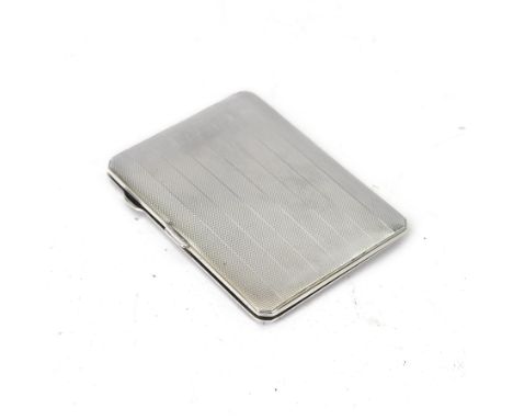 1930s silver cigarette case, of rectangular form with rounded corners, engine turned decoration throughout and engraved monog