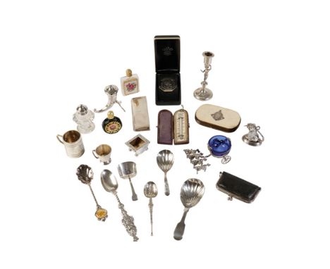 COLLECTION OF SILVER AND MIXED VERTU, 18th century and later, comprising three silver caddy spoons, two silver spoons, silver