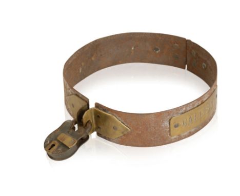 STEEL BEAR COLLAR with brass nameplate 'Callisto', brass hinge and shackle and heavy padlock, 32cm dia. (closed)