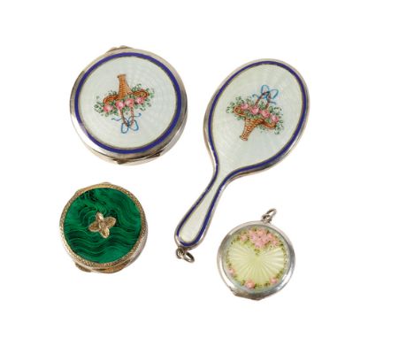 SILVER AND GUILLOCHE ENAMEL LOCKET PENDANT, circular form, the hinged cover decorated with a bouquet of flowers on a yellow g