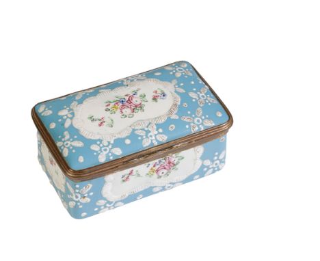 FRENCH ENAMEL AND GILT METAL MOUNTED SNUFF BOX, 18TH CENTURY, painted with floral cartouches reserved against a pale blue gro