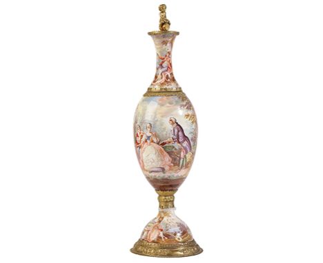 AUSTRIAN SILVER AND ENAMEL PERFUME BOTTLE VASE, VIENNA, CIRCA 1900, the sides painted with romantic scenes of courting couple