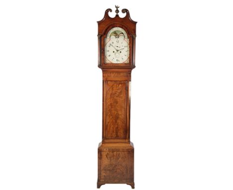 GEORGE III MAHOGANY LONGCASE CLOCK, the arch dial with rolling moon phase, subsidiary seconds dial and date aperture, the eig