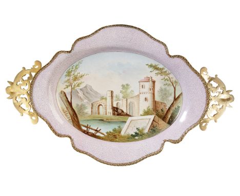 AUSTRIAN GILT-METAL AND ENAMEL TRAY, VIENNA CIRCA 1900, the shaped tray painted with Neoclassical interior scene depicting la