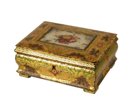VICTORIAN REVERSE GLASS PATENT PEARL BOX, by Lane of Birmingham, rectangular form, papier-mache casing with gilt highlights, 