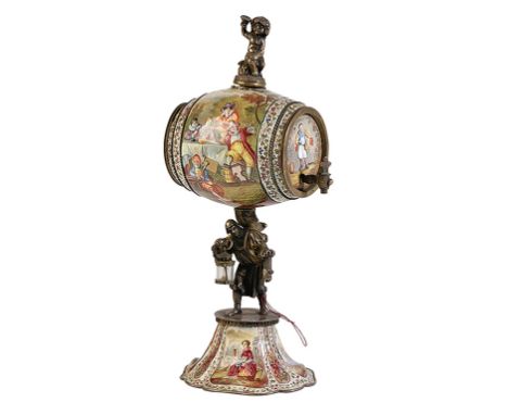 AUSTRIAN SILVER AND ENAMEL PERFUME BARREL, VIENNA, CIRCA 1900, modelled as a barrel raised on a figural stem and socle foot, 