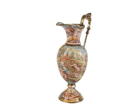 AUSTRIAN SILVER AND ENAMEL EWER, VIENNA CIRCA 1900, the sides painted with a mythological scene, raised on a socle foot, 13cm