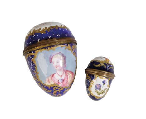 FRENCH ENAMEL BONBONNIERE, 18TH CENTURY, the sides painted with shaped cartouches of a female bust and floral sprays, reserve