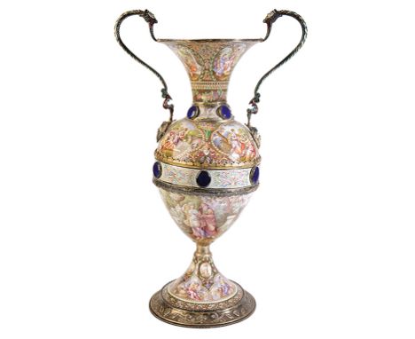 LARGE AUSTRIAN SILVER AND ENAMEL VASE, VIENNA, CIRCA 1900, the flared neck with twin mask scroll handles, the sides pianted i