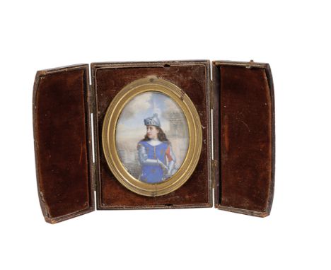 FRENCH SCHOOL, 19th century A portrait miniature of a young girl in armour, probably a depiction of Joan of Arc, signed 'F. d