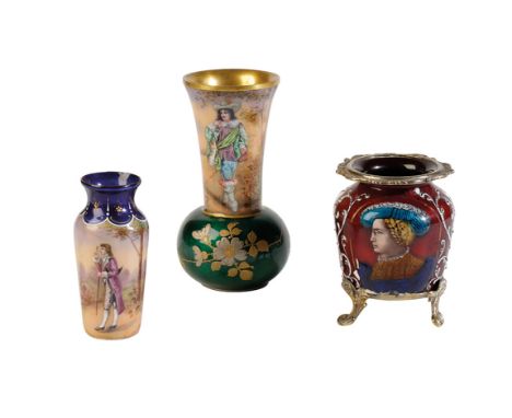 LIMOGES ENAMEL AND GILT METAL MOUNTED JARLET, LATE 19TH CENTURY, the baluster sides painted with traditionally dressed portra