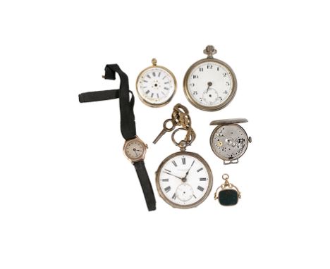 18 CT GOLD POCKET WATCH FOR RESTORATION  and two other pocket watches , 9 ct gold case ladys wrist watch , 9CT GOLD FOB (5)