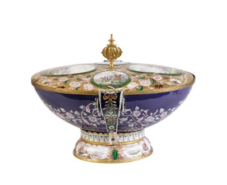 AUSTRIAN ENAMEL TUREEN AND COVER, VIENNA, LATE 19TH CENTURY, the slightly dome cover painted with four oval medallions depict