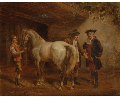LOUIS HUARD The Horse Dealer, signed and inscribed on a label on the reverse, oil on panel, 19.5cm x 25cm Provenance: A noble