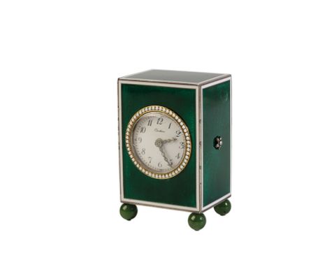 CARTIER A FRENCH GUILLOCHE ENAMEL MINIATURE CARRIAGE CLOCK, the round dial with Arabic numerals, inscribed "Cartier", in a gr